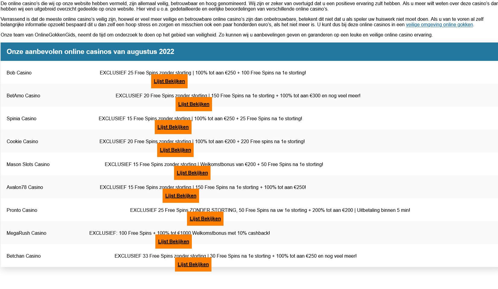 aanbevolen lijst van online casino's