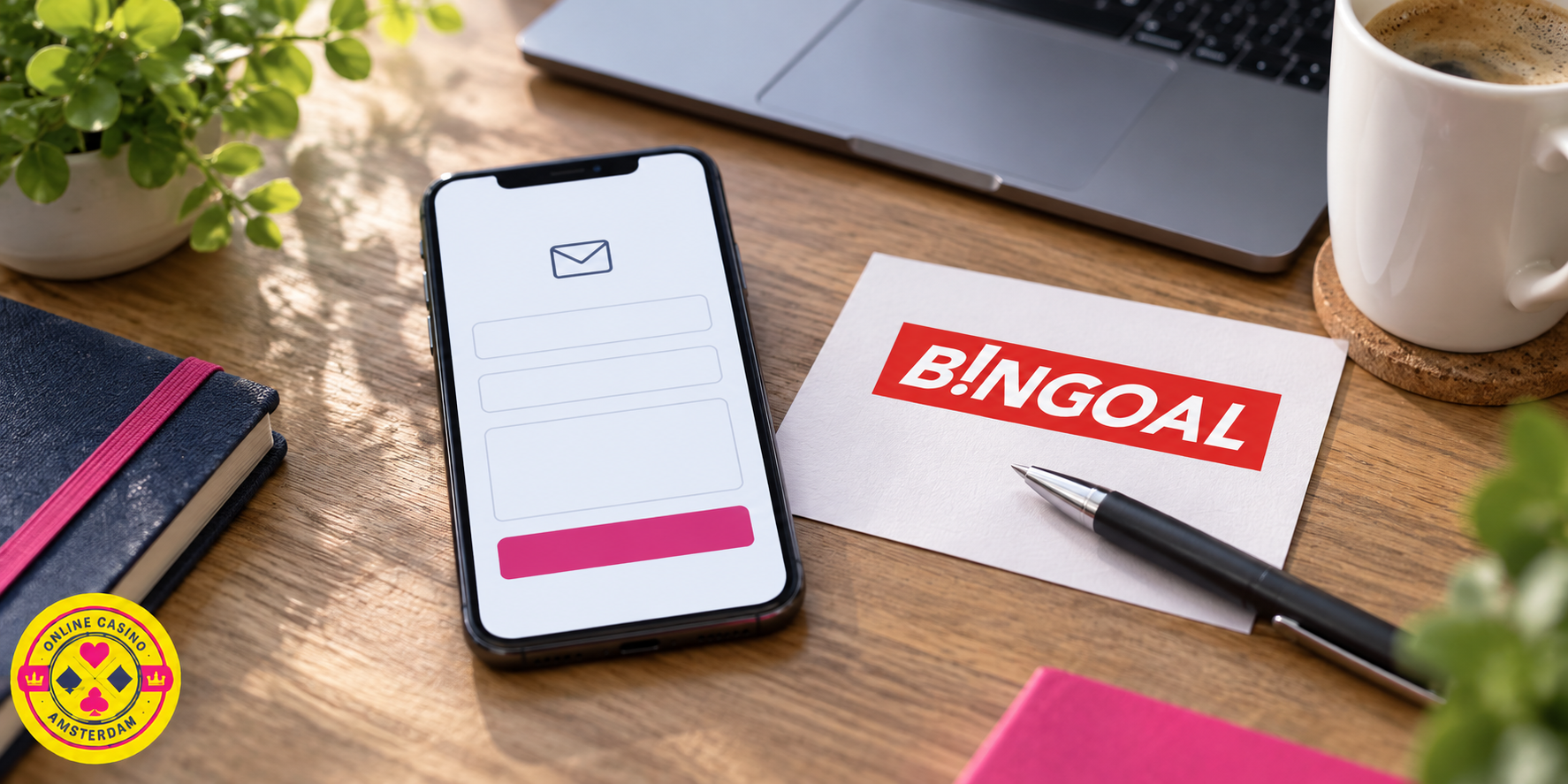 Bingoal-logo op een brief naast een telefoon met een contactformulier