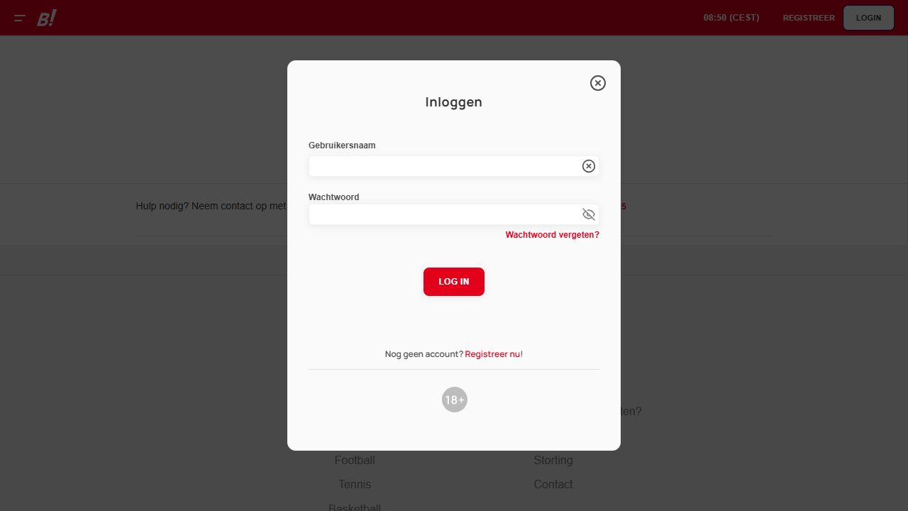 Openbaar Bingoal-inlogvenster met lege velden voor gebruikersnaam en wachtwoord